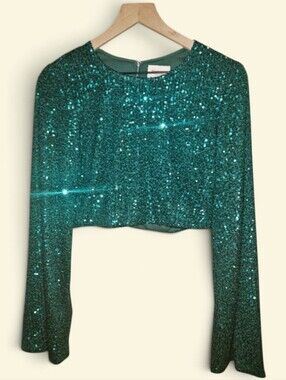 SHOWPO. Emerald Green Sequined Long Bell Sleeve Crop Top - Size 6